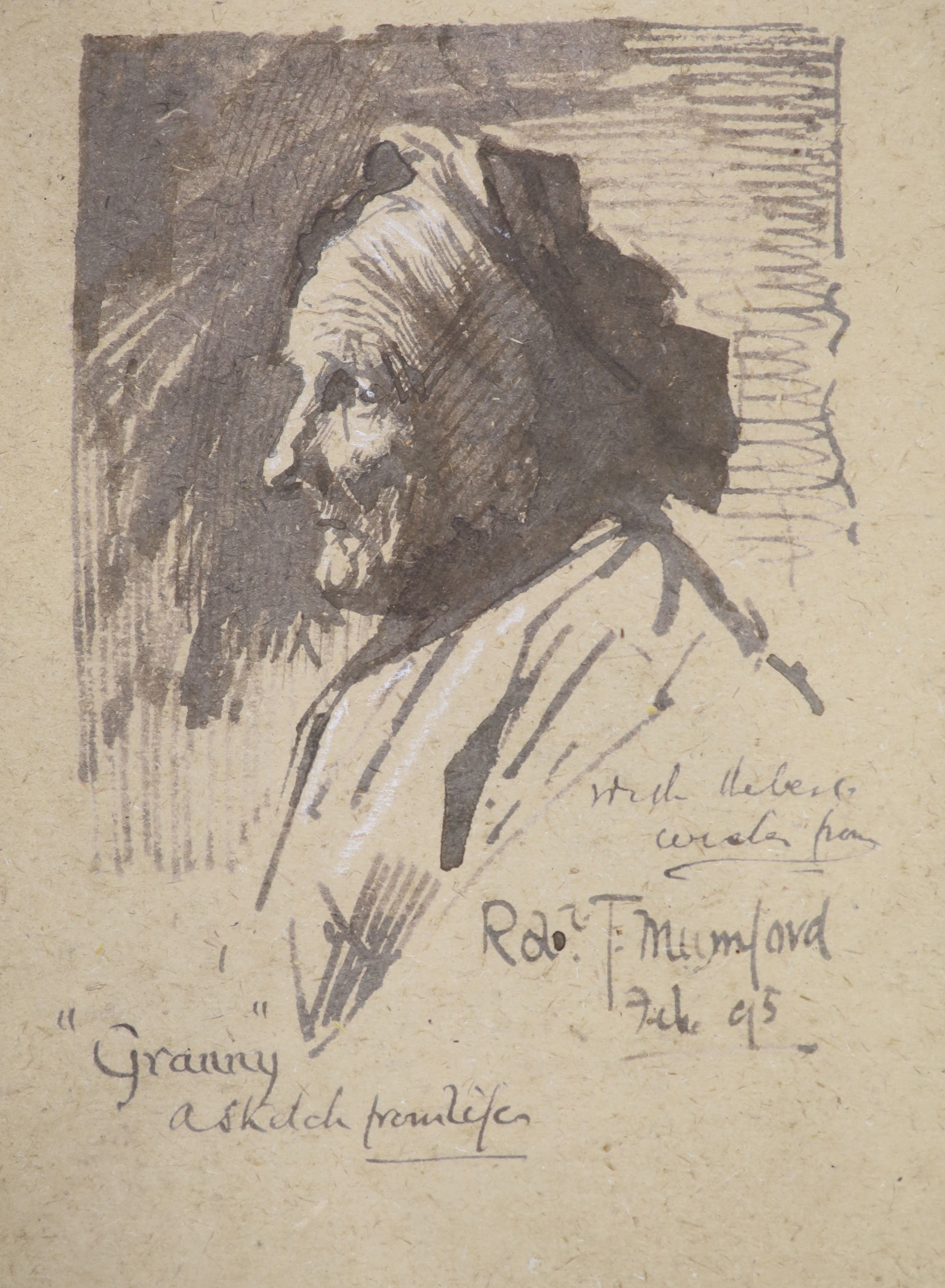 Robert Mumford (1895-1939), ink and wash, Granny, a sketch, signed and dated '95, 20 x 15cm and an unsigned watercolour of a pipe smoker, 14 x 12cm
